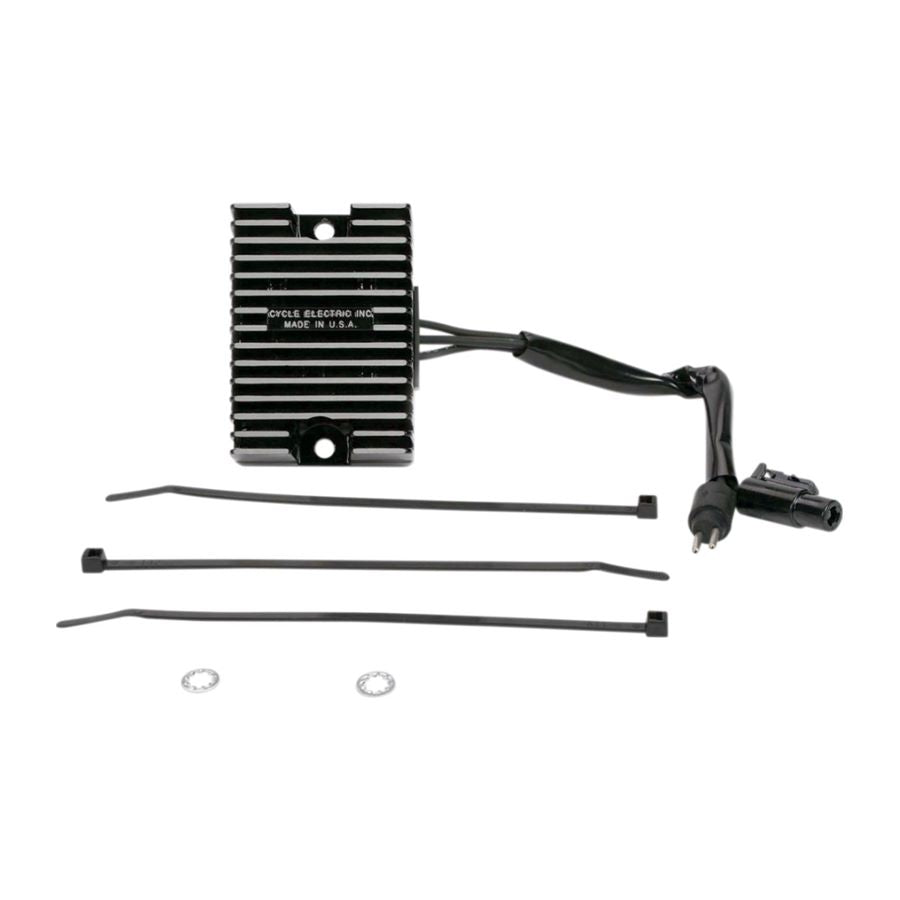 A black ignition coil kit for a motorcycle, including CE-208 Rectifying Regulator fits 1994-2003 Harley Davidson Sportster XL and battery maintenance, from Cycle Electric.