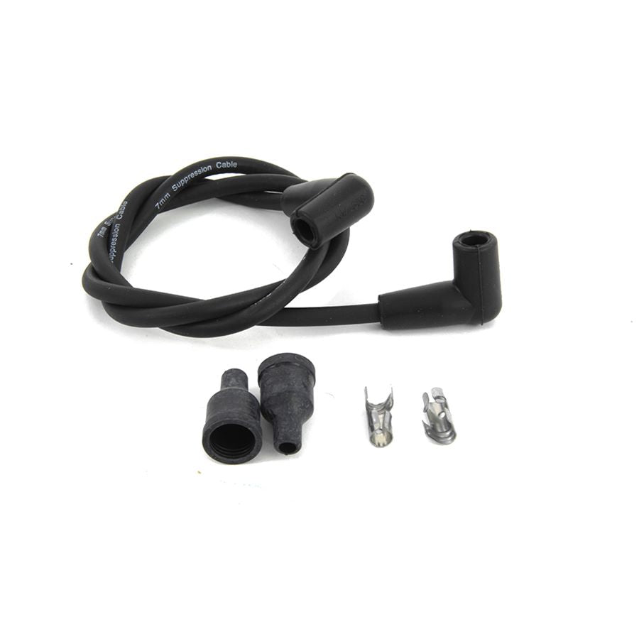 A wire and a plug, specifically the Wyatt Gatling Black Suppression Core 7mm Universal Spark Plug Wire Kit - Black Ends.