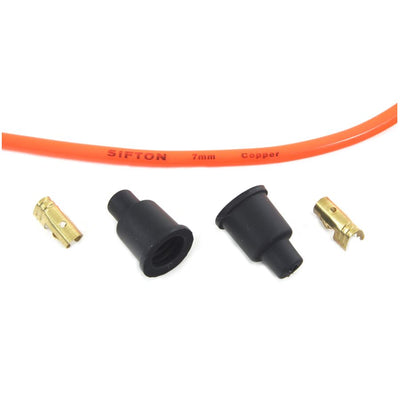 A Wyatt Gatling Orange 7mm Universal Spark Plug Wire Kit - Black Ends consisting of orange and black wires and connectors.