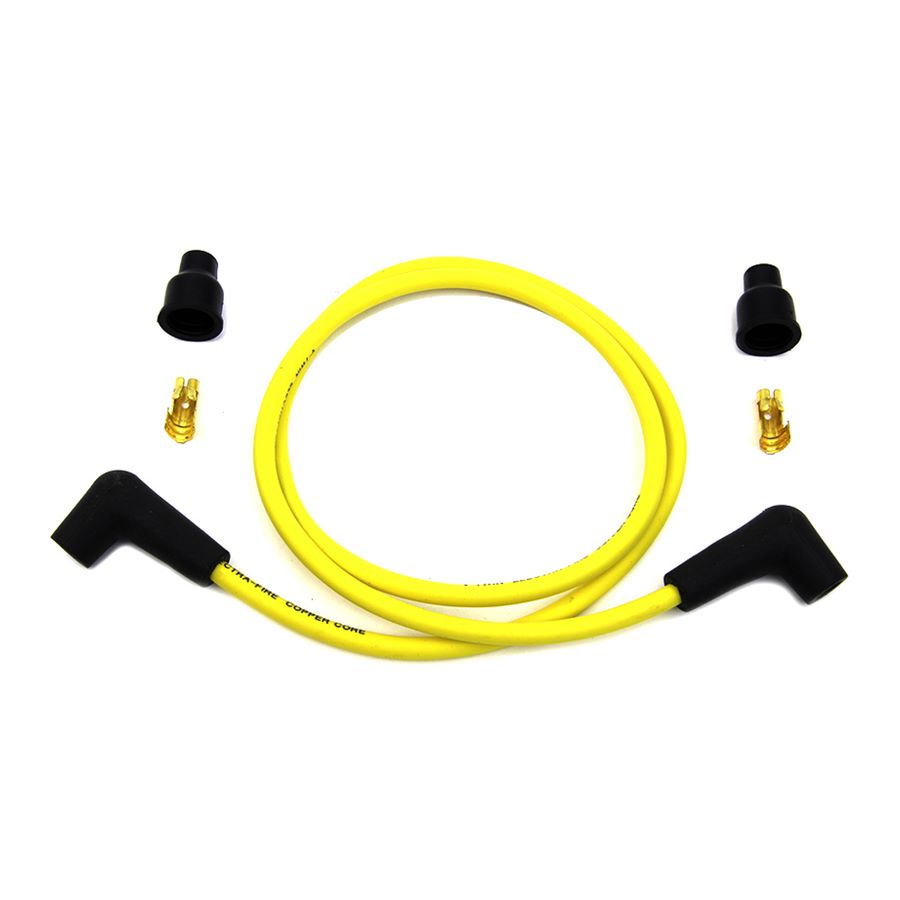 A Wyatt Gatling Yellow 7mm Universal Spark Plug Wire Kit with Black Ends for a car.