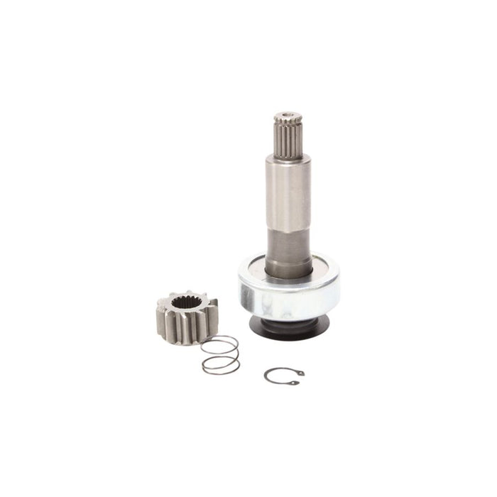 The Drag Specialties Starter Drive Clutch for 2017-2024 M8 Softail is displayed with a gear, cylindrical component, spring, and washer on a white background—ideal for Harley starters or upgrading your M8 Softail.