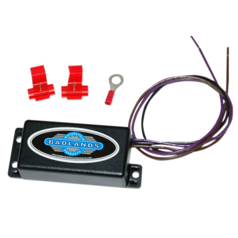 Badlands Motorcycle brake light modulator with Badlands Turn Signal Load Equalizer, wire connectors, and terminals - For Big Twin & Sportster models.