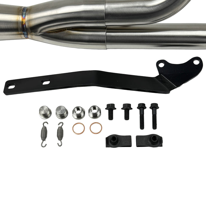 A motorcycle exhaust pipe with an American flag and a SP Concepts Lane Splitter Exhaust Twin Cam Touring 95-16 (stainless) on it.