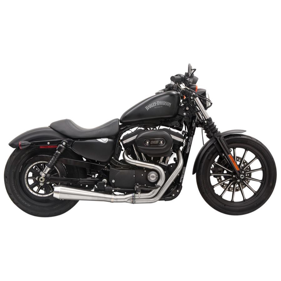 A black motorcycle with a Bassani Road Rage III 2-into-1 Stainless Exhaust 1986-2003 Sportster w/mid controls on a white background.