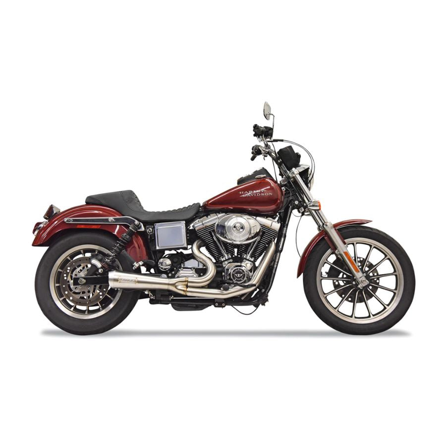 A Bassani Harley Davidson motorcycle, featuring a Ripper Road Rage 2-into-1 Stainless Exhaust 1999-2005 FXD Dyna (w/Mid Controls), is shown on a white background.