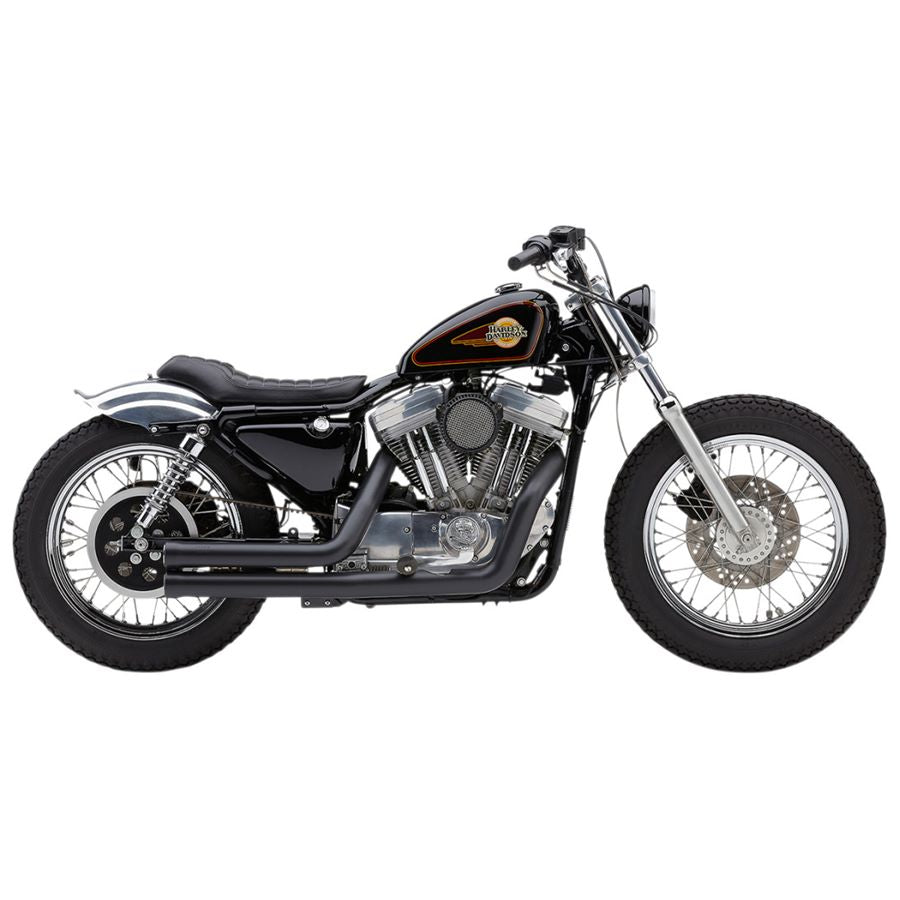 The Sportster XL motorcycle from Harley-Davidson features the Cobra Speedster Short 909 Exhaust System - 1986-2003 Sportster XL - Black, showcasing its sleek and stylish design in bold Black color.