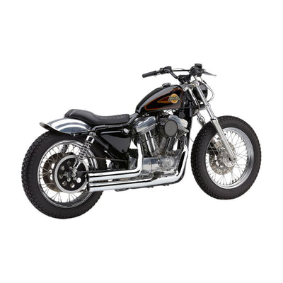 A Speedster Short 909 Exhaust System - 1986-2003 Sportster XL - Chrome motorcycle with a chrome exhaust system is parked on a white background. (Brand: Cobra)