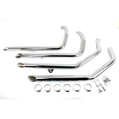 A set of chrome MCM Sportster Drag Pipe Set w/Heat Shields - 1986-2003 Models with a chrome finish for a motorcycle.