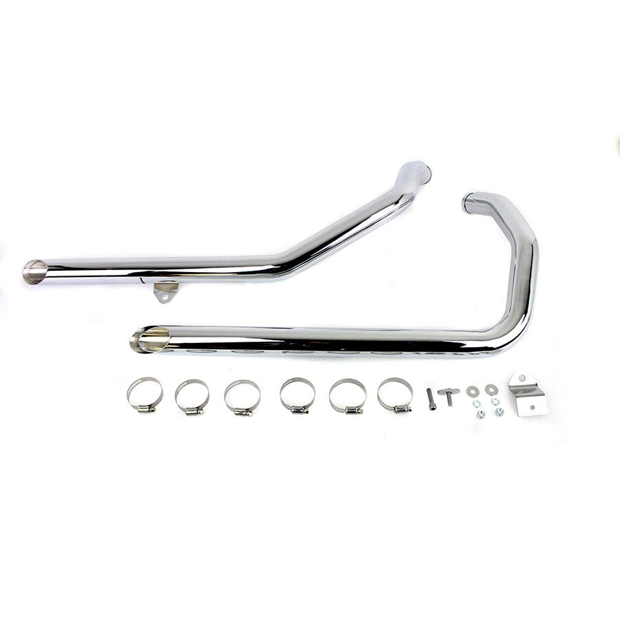 A chrome bar and MCM Sportster Drag Pipe Set w/Heat Shields - 1986-2003 Models for a motorcycle.