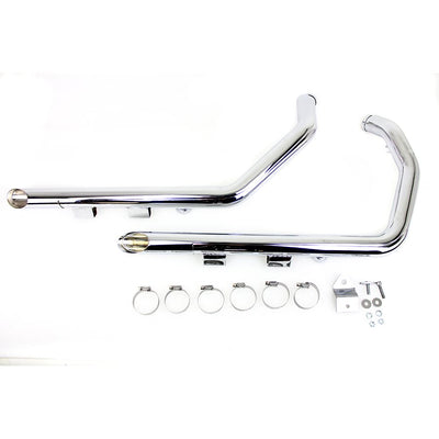 A pair of Sportster Drag Pipe Set with Heat Shields - 2004-2013 Models exhaust pipes with a Chrome finish and hoses on a white background. (Brand: MCM)