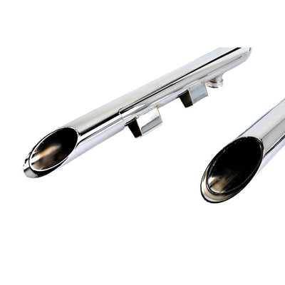 A pair of Sportster Drag Pipe Set w/Heat Shields - 2014-UP Models with a Chrome finish on a white background.