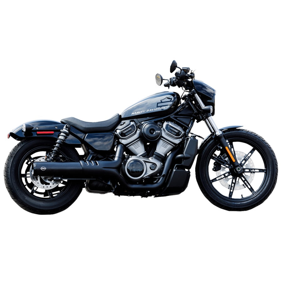 A black S&S 4-1/2" Grand National Slip-On Muffler Harley Nightster RH975 2022-UP motorcycle is shown against a white background. [Brand Name: S&S Cycle]