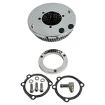 The Moto Iron® Chrome Mesh Air Cleaner for Harley-Davidson CV Carburetors and EFI Throttle Bodies includes hardware—screws, washers, gaskets, a metal ring, and a small elbow fitting—and is shown on a white background.