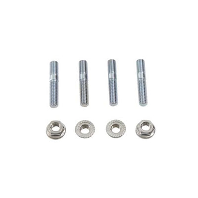 A set of Evo Exhaust Stud Kit bolts and nuts on a white background, including Wyatt Gatling stainless steel flanged nuts.