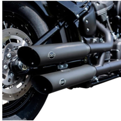 Harley-Davidson Softail Fatboy Breakout exhaust system featuring S&S Cycle Slash Cut Race Slip-On Mufflers.