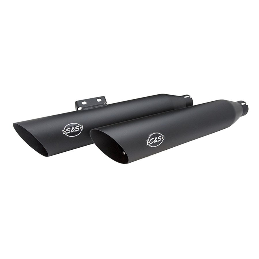 A pair of black Slash Cut Race Slip-On Mufflers For Fatboy, Lowrider and Breakout models by S&S Cycle on a white background.