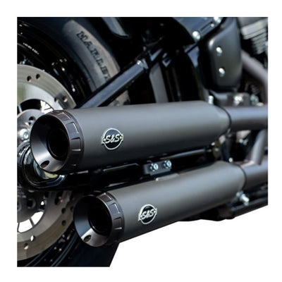 A pair of S&S Cycle Grand National Race Slip-On Mufflers For M8 Softail Black, featuring black exhaust pipes, on a white background.