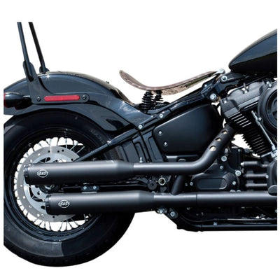 A pair of S&S Cycle Grand National Race Slip-On Mufflers For M8 Softail Black, featuring black exhaust pipes, on a white background.