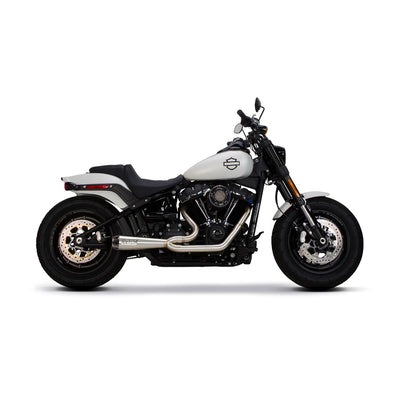 A black Harley Davidson M8 Softail motorcycle on a white background, showcasing the high quality materials used in the Two Brothers Comp S Stainless 2 into 1 Exhaust for Harley Davidson M8 Softail.