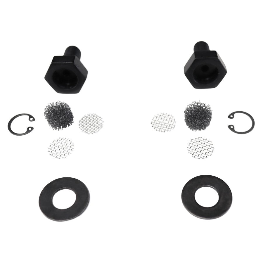 Two TC Bros Breather Bolts For all Harley Twin Cam Engines - Black and washers on a white background.