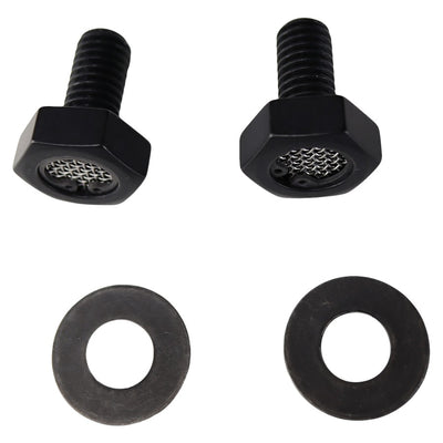 Two TC Bros Breather Bolts For all Harley Twin Cam Engines - Black and washers on a white background.