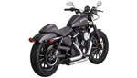 A close up of a motorcycle with Vance & Hines Shortshots Staggered Exhaust System 2014-2021 Sportster - Chrome exhaust pipes from the exhaust system.