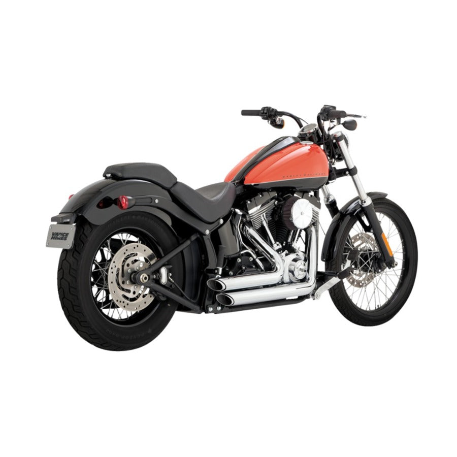 A motorcycle with a Vance & Hines Shortshots Staggered exhaust system 2012-2017 Softail models - Chrome is shown on a white background.