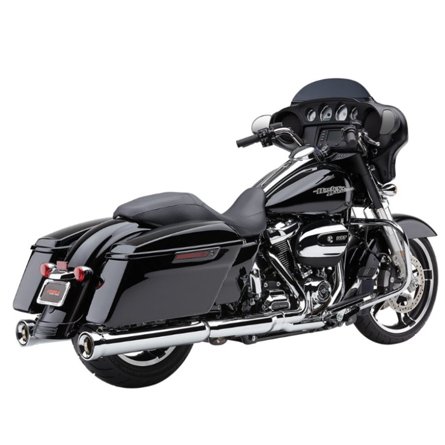 Black touring motorcycle with Cobra Neighbor Hater Slip On Mufflers - Chrome for 2017-2024 FL models isolated on a white background.