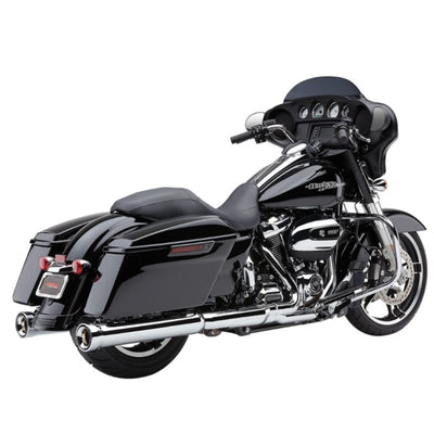 Black touring motorcycle with Cobra Neighbor Hater Slip On Mufflers - Chrome for 2017-2024 FL models isolated on a white background.
