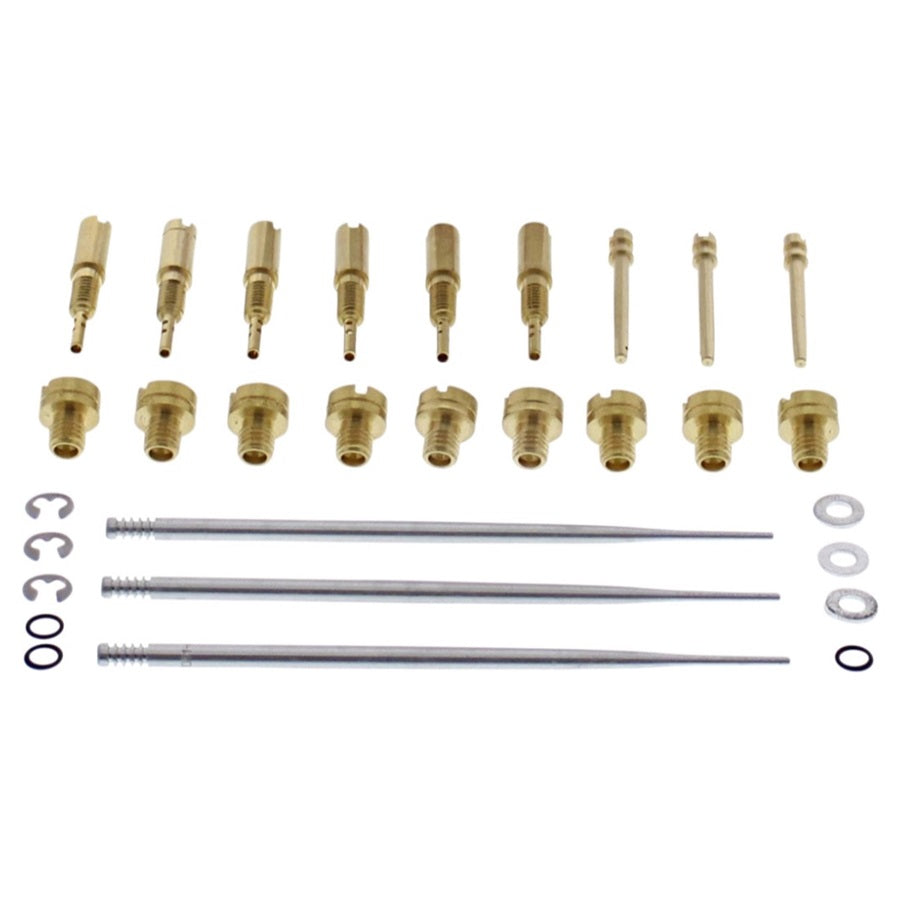 A set of brass gas nozzle fittings and cleaning needles from an All Balls Mikuni 42 Series Carburetor Jet Kit arrayed on a white background.
