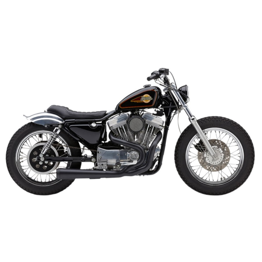 Classic black motorcycle with Cobra El Diablo Sportster 2:1 Exhaust - Black - 4" For '86-'03 XL Models accessories isolated on a white background.