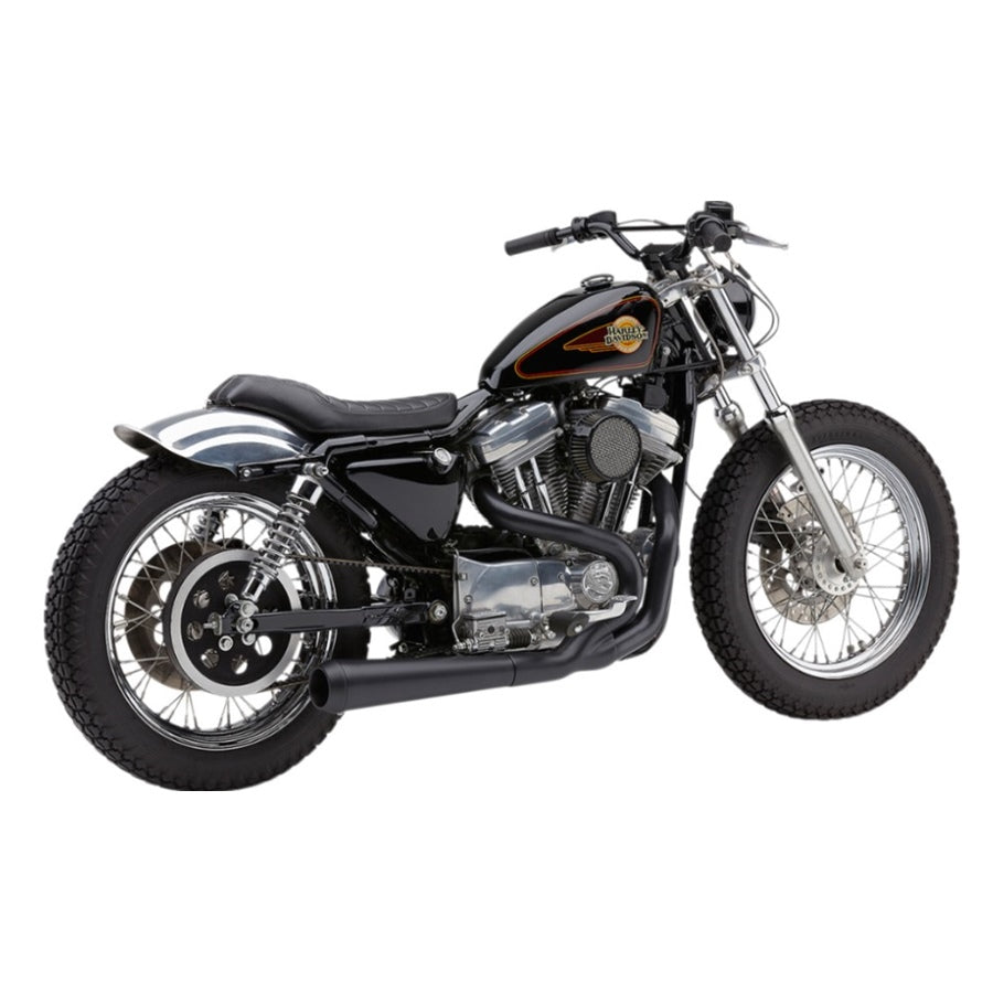 Classic black motorcycle with Cobra El Diablo Sportster 2:1 Exhaust - Black - 4" For '86-'03 XL Models accessories isolated on a white background.