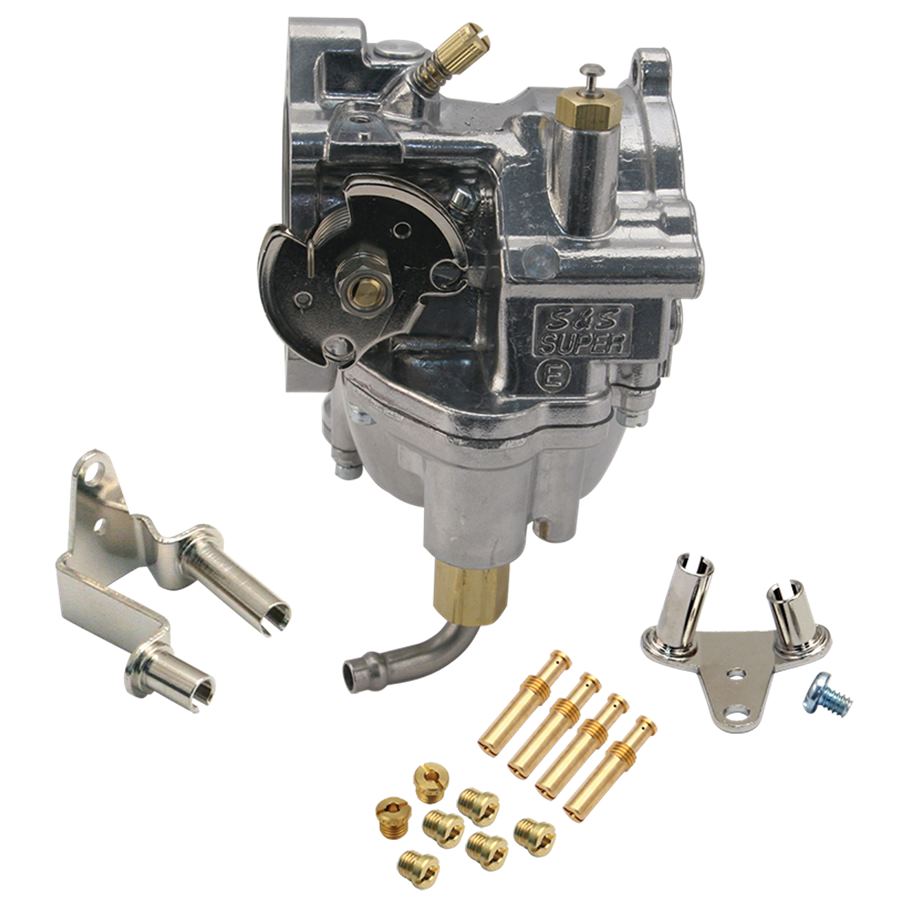 A Super E Carburetor and parts for a motorcycle that regulate the fuel flow and air flow by S&S Cycle.