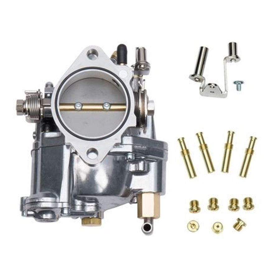 An S&S Cycle Super G Carburetor with bolts and nuts on a white background.