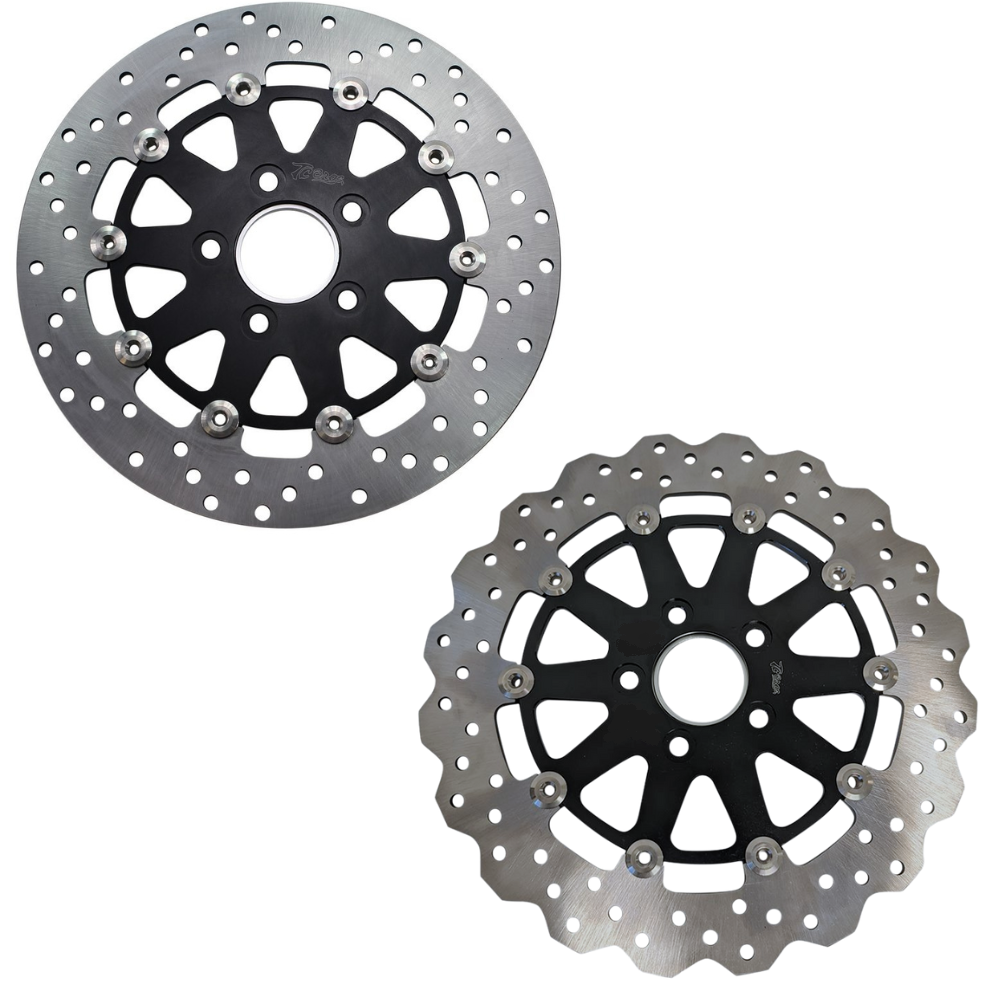 The TC Bros. 12.6" Oversized Front Floating Brake Rotors for 2000-Up Harley-Davidson wheels feature black centers, ventilated silver 420 stainless steel rings (one round, one wavy edge), and are ideal upgrades by TC Bros.