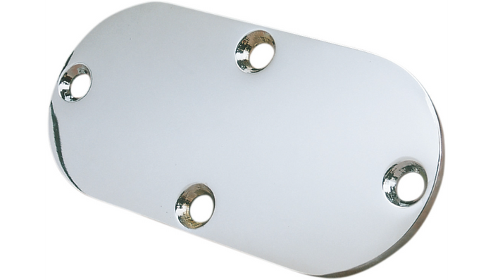 The Drag Specialties Chrome Inspection Cover is oval-shaped and flat, featuring a silver chrome finish with four perimeter holes for mounting screws. It fits FXD, FXST, and FLST models without a shifter hole.
