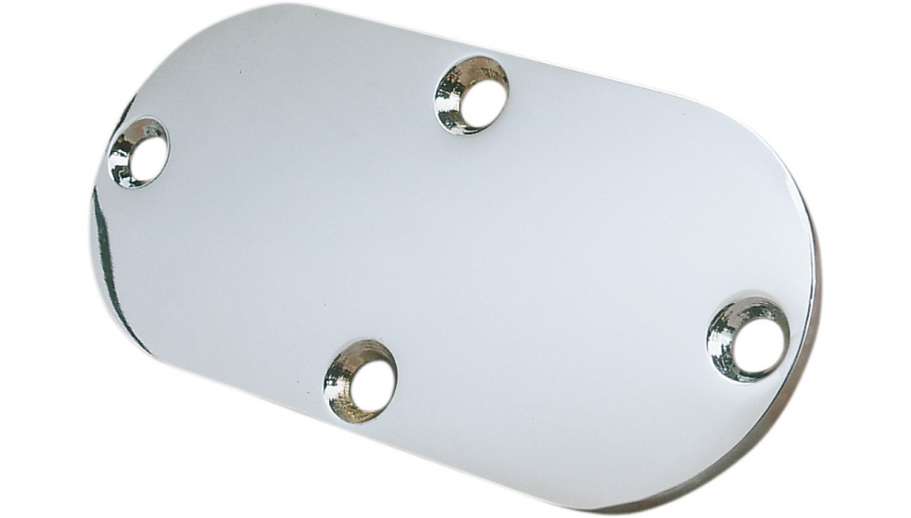 The Drag Specialties Chrome Inspection Cover is oval-shaped and flat, featuring a silver chrome finish with four perimeter holes for mounting screws. It fits FXD, FXST, and FLST models without a shifter hole.
