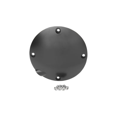 A black Drag Specialties Derby Cover 1994-2003 Sportster, made of metal and adorned with a bolt and nut, is a stylish accessory for Harley-Davidson motorcycles.