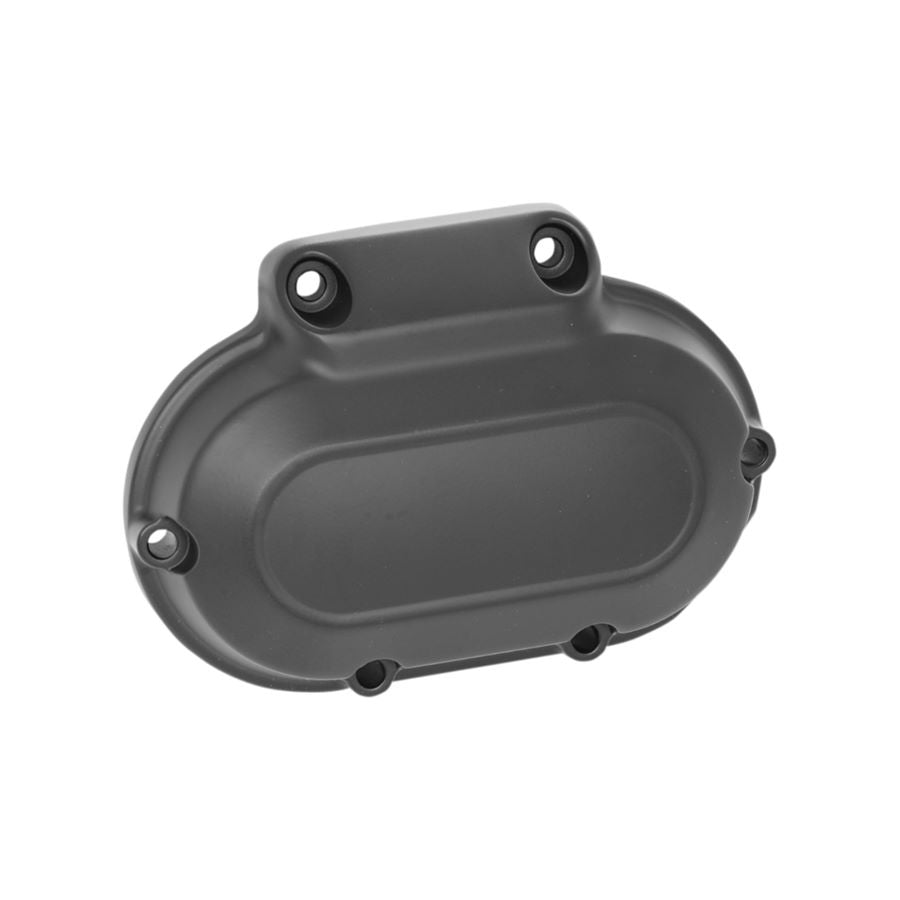 A black Drag Specialties Transmission Side Cover 06-17 FXD/FXDWG Dyna for a Harley-Davidson motorcycle.