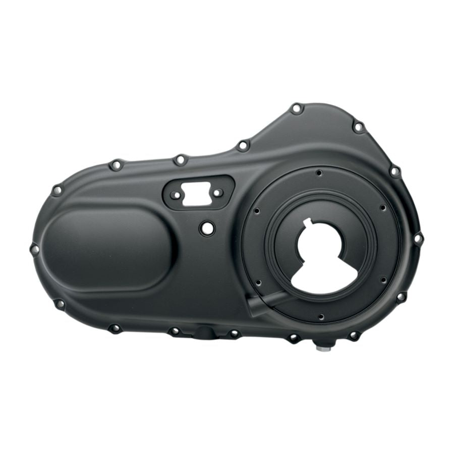 A black Drag Specialties Primary Cover 04-05 Sportster for a Sportster motorcycle engine.