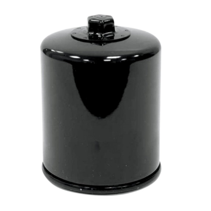 A K&N Oil Filter - Black - for 1980-2022 Sportster and Big twin models with synthetic-blend filtration media, against a white background.