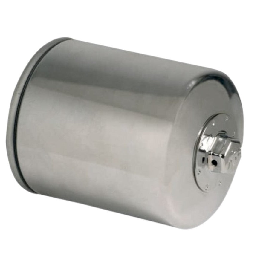 A close-up of a chrome K&N Oil Filter cylinder.