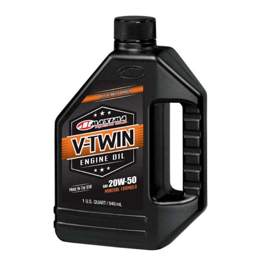 A bottle of Maxima V-Twin Oil - 20W-50 - 1 U.S. quart.