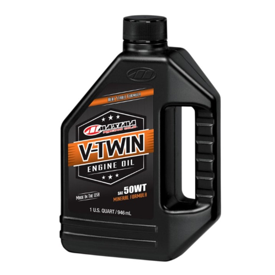 A bottle of Maxima V-Twin Oil - 50wt - 1 U.S. quart Pre-Evolution V-Twin mineral engine oil on a white background.