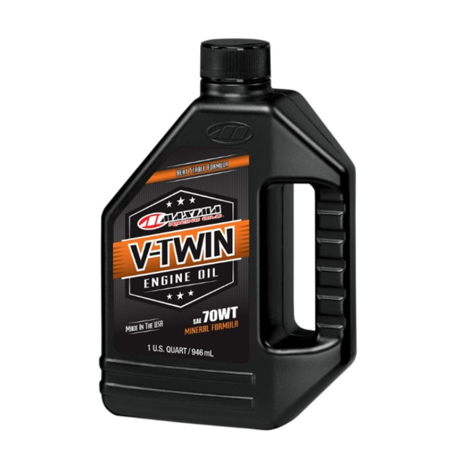 A bottle of Maxima V-Twin Oil - 70wt - 1 U.S. quart Pre-Evolution V-Twin Mineral Engine Oil on a white background.