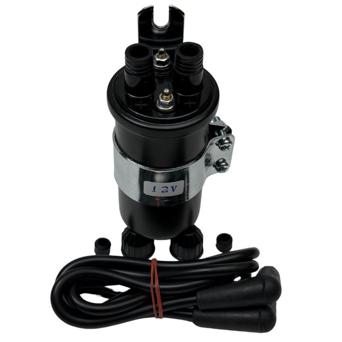The Moto Iron® Big Twin High Performance Round Coil with Wires (fits 65-79) in black, featuring a metal bracket and red tie-bound connector cables, ensures optimal efficiency.
