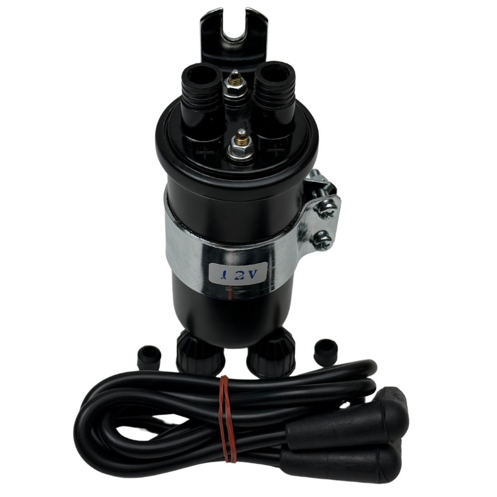The Moto Iron® Big Twin High Performance Round Coil with Wires (fits 65-79) in black, featuring a metal bracket and red tie-bound connector cables, ensures optimal efficiency.