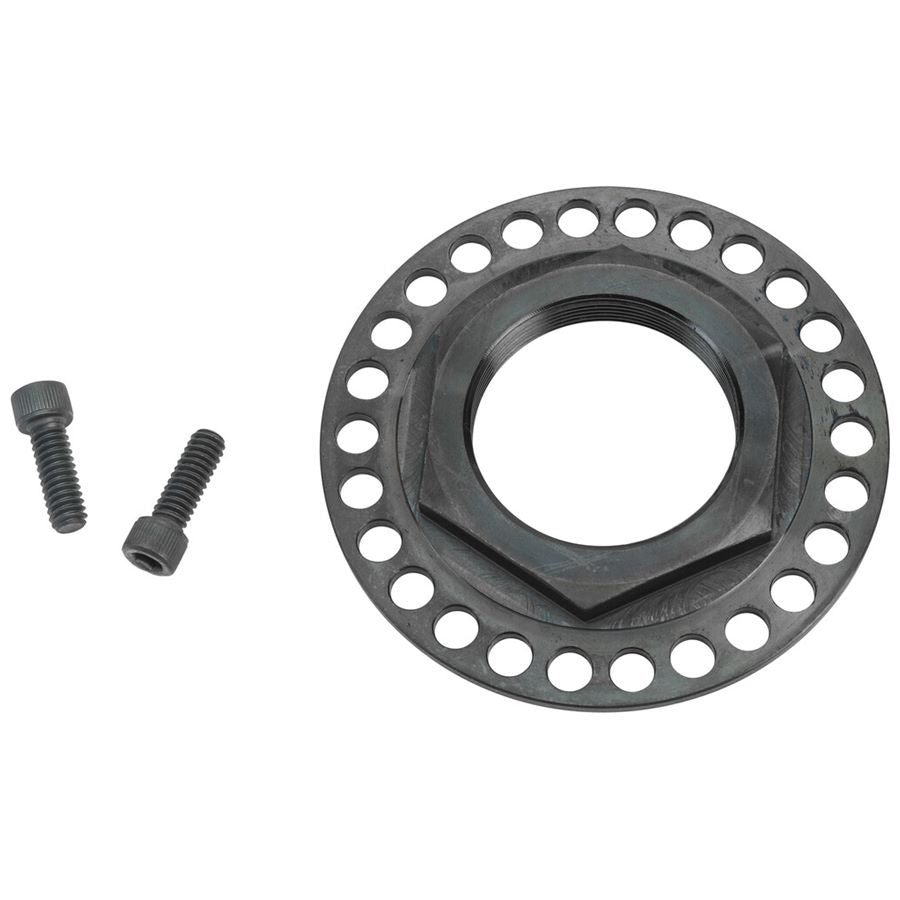 A circular metal flange with multiple holes and a threaded center rests beside two small screws on a plain white background, akin to the precision found in the Moto Iron® Billet Sprocket Lock Nut for Big Twin/Dyna 93-06 (except 06 Dyna) or Sportster 93-UP models.