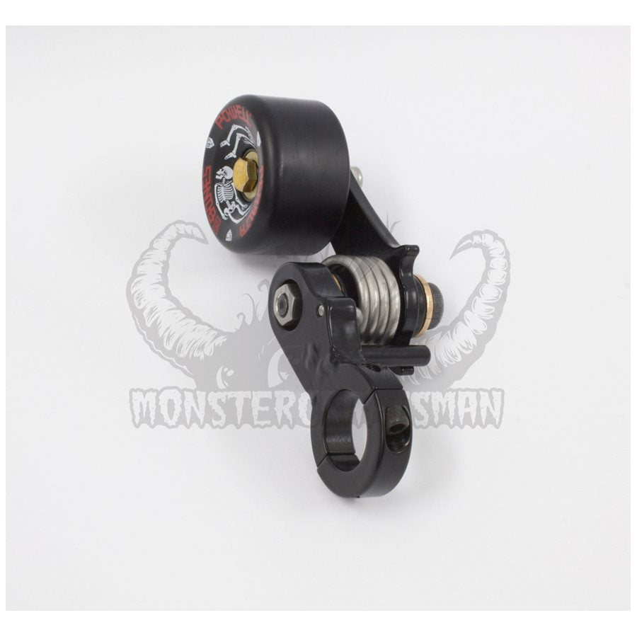 A 1" Clamp On Chain Tensioner - Skate Wheel (Powell Peralta), manufactured by Monster Craftsman, with a black handle, attached to a chain tensioner, provides smooth motion when used with the drive chain.