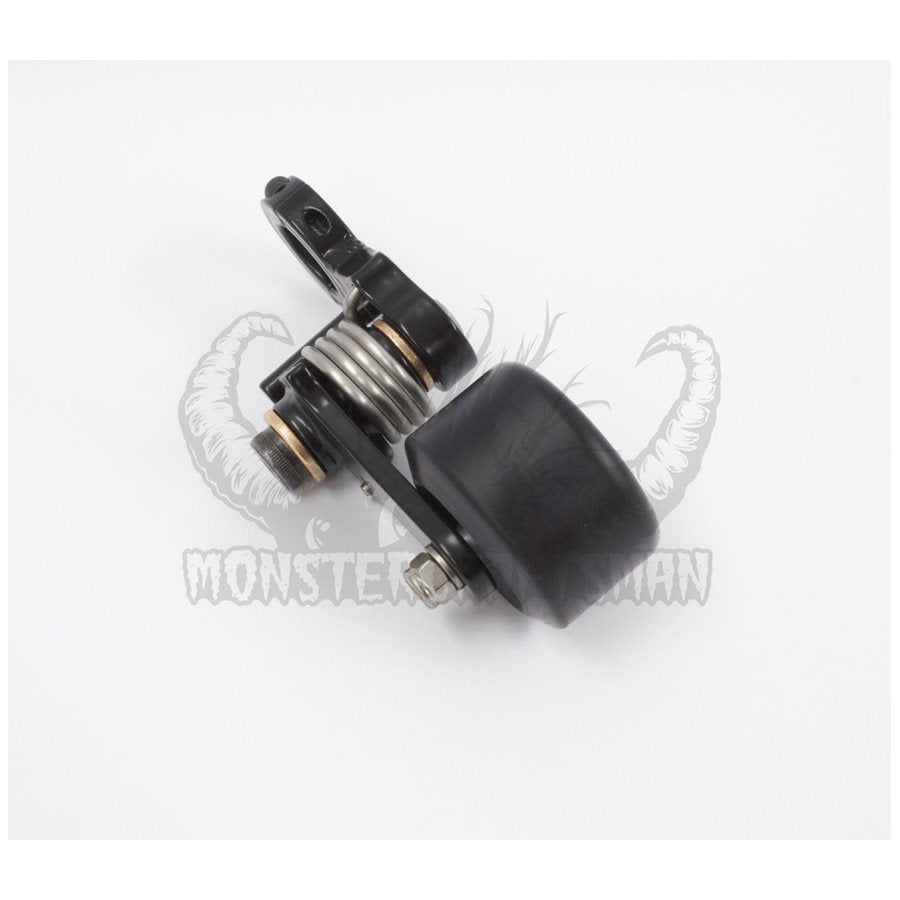 A black 1.125" Clamp On Chain Tensioner - Skate Wheel (Powell Peralta) with a metal handle and chain tensioner on a white background, by Monster Craftsman.
